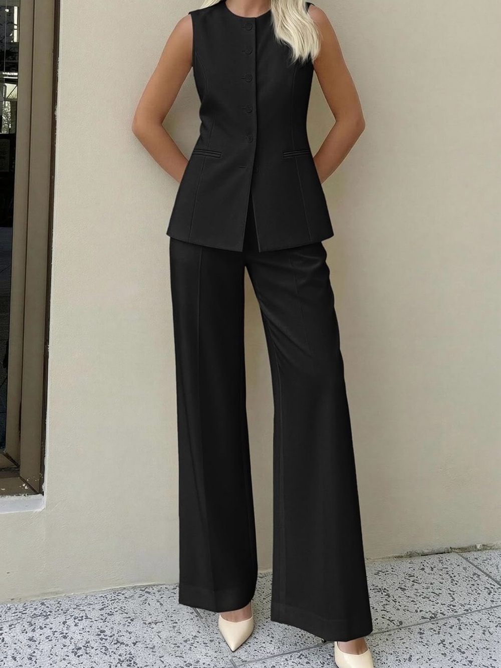 PRETTYGARDEN Women's 2 Piece Sets Summer Sleeveless Blazer Vest Pants Suits - Picture 2 of 4